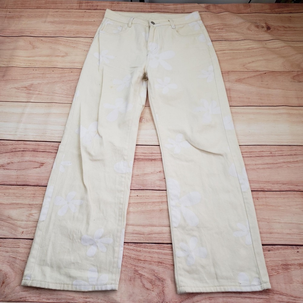 Shein Floral Print Pants Womens Medium Cream Wide Leg Jeans Flower Power‎ Y2K